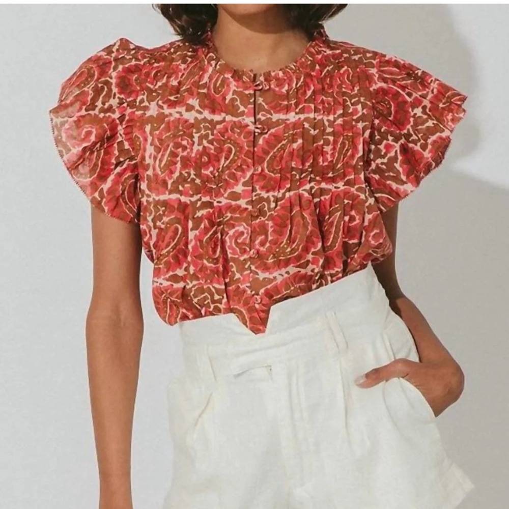 Cleobella Calla blouse cotton puff sleeve pin tuck boho multicolor floral medium